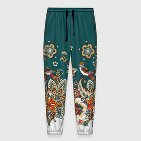 Мужские брюки 3D с принтом Индийский орнамент с птицами в Кировске, 100% полиэстер | манжеты по низу, эластичный пояс регулируется шнурком, по бокам два кармана без застежек, внутренняя часть кармана из мелкой сетки | 
