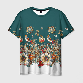 Мужская футболка 3D с принтом Индийский орнамент с птицами в Петрозаводске, 100% полиэфир | прямой крой, круглый вырез горловины, длина до линии бедер | Тематика изображения на принте: 