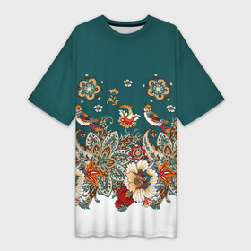 Платье-футболка 3D с принтом Индийский орнамент с птицами ,  |  | 