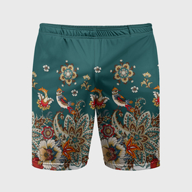 Мужские шорты спортивные с принтом Индийский орнамент с птицами в Петрозаводске,  |  | Тематика изображения на принте: 