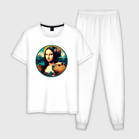 Мужская пижама хлопок с принтом Ai art   Мона Лиза с капибарой в Белгороде, 100% хлопок | брюки и футболка прямого кроя, без карманов, на брюках мягкая резинка на поясе и по низу штанин
 | 