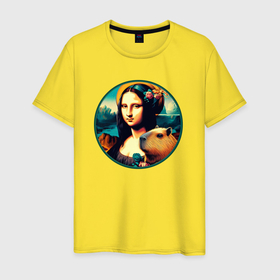 Мужская футболка хлопок с принтом Ai art   Мона Лиза с капибарой в Белгороде, 100% хлопок | прямой крой, круглый вырез горловины, длина до линии бедер, слегка спущенное плечо. | Тематика изображения на принте: 