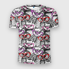 Мужская футболка 3D Slim с принтом Совы в розовых очках в Екатеринбурге, 100% полиэстер с улучшенными характеристиками | приталенный силуэт, круглая горловина, широкие плечи, сужается к линии бедра | 