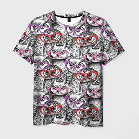 Мужская футболка 3D с принтом Совы в розовых очках в Екатеринбурге, 100% полиэфир | прямой крой, круглый вырез горловины, длина до линии бедер | Тематика изображения на принте: 