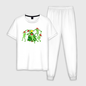 Мужская пижама хлопок с принтом Новогодние лягушки хоровод вокруг ёлки в Петрозаводске, 100% хлопок | брюки и футболка прямого кроя, без карманов, на брюках мягкая резинка на поясе и по низу штанин
 | 