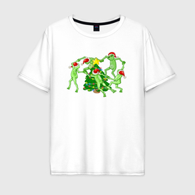 Мужская футболка хлопок Oversize с принтом Новогодние лягушки хоровод вокруг ёлки , 100% хлопок | свободный крой, круглый ворот, “спинка” длиннее передней части | 