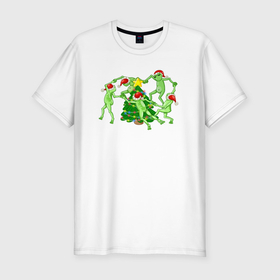 Мужская футболка хлопок Slim с принтом Новогодние лягушки хоровод вокруг ёлки , 92% хлопок, 8% лайкра | приталенный силуэт, круглый вырез ворота, длина до линии бедра, короткий рукав | 