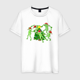 Мужская футболка хлопок с принтом Новогодние лягушки хоровод вокруг ёлки в Петрозаводске, 100% хлопок | прямой крой, круглый вырез горловины, длина до линии бедер, слегка спущенное плечо. | 