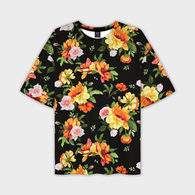 Мужская футболка oversize 3D с принтом Цветы садовые на черном в Санкт-Петербурге,  |  | 