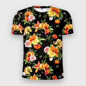 Мужская футболка 3D Slim с принтом Цветы садовые на черном в Курске, 100% полиэстер с улучшенными характеристиками | приталенный силуэт, круглая горловина, широкие плечи, сужается к линии бедра | Тематика изображения на принте: 
