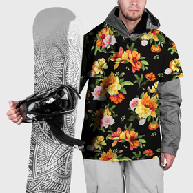 Накидка на куртку 3D с принтом Цветы садовые на черном в Курске, 100% полиэстер |  | Тематика изображения на принте: 