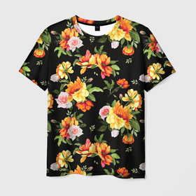 Мужская футболка 3D с принтом Цветы садовые на черном в Курске, 100% полиэфир | прямой крой, круглый вырез горловины, длина до линии бедер | Тематика изображения на принте: 