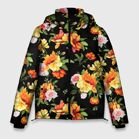 Мужская зимняя куртка 3D с принтом Цветы садовые на черном в Курске, верх — 100% полиэстер; подкладка — 100% полиэстер; утеплитель — 100% полиэстер | длина ниже бедра, свободный силуэт Оверсайз. Есть воротник-стойка, отстегивающийся капюшон и ветрозащитная планка. 

Боковые карманы с листочкой на кнопках и внутренний карман на молнии. | Тематика изображения на принте: 