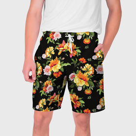 Мужские шорты 3D с принтом Цветы садовые на черном в Кировске,  полиэстер 100% | прямой крой, два кармана без застежек по бокам. Мягкая трикотажная резинка на поясе, внутри которой широкие завязки. Длина чуть выше колен | 