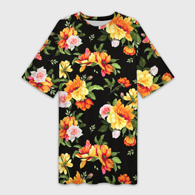 Платье-футболка 3D с принтом Цветы садовые на черном в Санкт-Петербурге,  |  | 