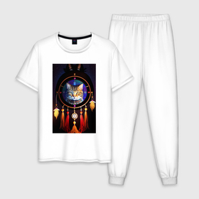 Мужская пижама хлопок с принтом Кот шаман и ловец снов в Санкт-Петербурге, 100% хлопок | брюки и футболка прямого кроя, без карманов, на брюках мягкая резинка на поясе и по низу штанин
 | 