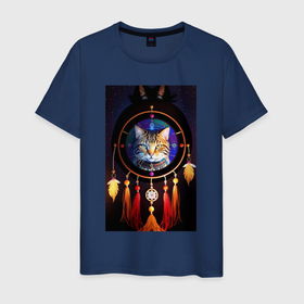 Мужская футболка хлопок с принтом Кот шаман и ловец снов в Санкт-Петербурге, 100% хлопок | прямой крой, круглый вырез горловины, длина до линии бедер, слегка спущенное плечо. | 