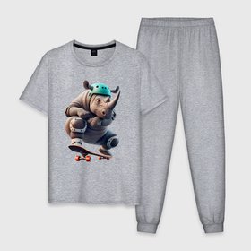 Мужская пижама хлопок с принтом Крутой носорог на скейтборде   нейросеть в Петрозаводске, 100% хлопок | брюки и футболка прямого кроя, без карманов, на брюках мягкая резинка на поясе и по низу штанин
 | 