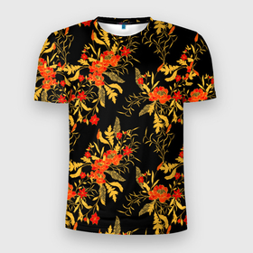 Мужская футболка 3D Slim с принтом Красные цветы с золотыми листьями в Курске, 100% полиэстер с улучшенными характеристиками | приталенный силуэт, круглая горловина, широкие плечи, сужается к линии бедра | 