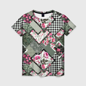 Женская футболка 3D с принтом Лоскутный узор с цветами в Тюмени, 100% полиэфир ( синтетическое хлопкоподобное полотно) | прямой крой, круглый вырез горловины, длина до линии бедер | 