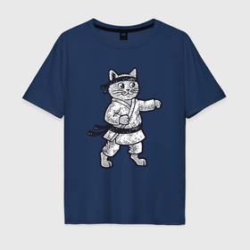 Мужская футболка хлопок Oversize с принтом Котик каратист в Курске, 100% хлопок | свободный крой, круглый ворот, “спинка” длиннее передней части | Тематика изображения на принте: 