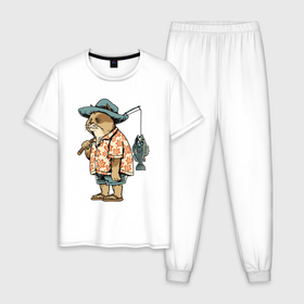 Мужская пижама хлопок с принтом Кот рыболов в Екатеринбурге, 100% хлопок | брюки и футболка прямого кроя, без карманов, на брюках мягкая резинка на поясе и по низу штанин
 | 
