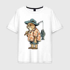 Мужская футболка хлопок Oversize с принтом Кот рыболов в Екатеринбурге, 100% хлопок | свободный крой, круглый ворот, “спинка” длиннее передней части | 