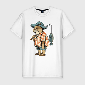 Мужская футболка хлопок Slim с принтом Кот рыболов в Екатеринбурге, 92% хлопок, 8% лайкра | приталенный силуэт, круглый вырез ворота, длина до линии бедра, короткий рукав | 