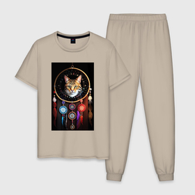 Мужская пижама хлопок с принтом Кот шаман, ловец снов 6 в Санкт-Петербурге, 100% хлопок | брюки и футболка прямого кроя, без карманов, на брюках мягкая резинка на поясе и по низу штанин
 | 