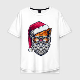 Мужская футболка хлопок Oversize с принтом Санта кот в Екатеринбурге, 100% хлопок | свободный крой, круглый ворот, “спинка” длиннее передней части | 