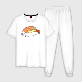 Мужская пижама хлопок с принтом Суши котик в Курске, 100% хлопок | брюки и футболка прямого кроя, без карманов, на брюках мягкая резинка на поясе и по низу штанин
 | Тематика изображения на принте: 