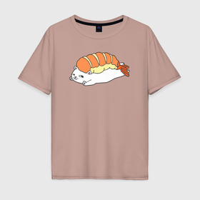 Мужская футболка хлопок Oversize с принтом Суши котик в Курске, 100% хлопок | свободный крой, круглый ворот, “спинка” длиннее передней части | Тематика изображения на принте: 
