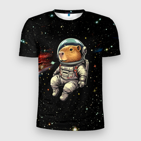 Мужская футболка 3D Slim с принтом Капибара бравый космонавт   фантазия в Петрозаводске, 100% полиэстер с улучшенными характеристиками | приталенный силуэт, круглая горловина, широкие плечи, сужается к линии бедра | 