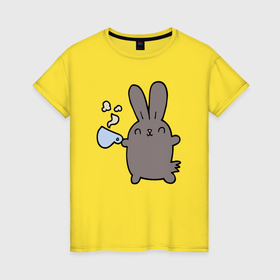 Женская футболка хлопок с принтом Кролик с чашкой кофе в Екатеринбурге, 100% хлопок | прямой крой, круглый вырез горловины, длина до линии бедер, слегка спущенное плечо | 