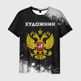 Мужская футболка 3D с принтом Художник из России и герб РФ в Новосибирске, 100% полиэфир | прямой крой, круглый вырез горловины, длина до линии бедер | 