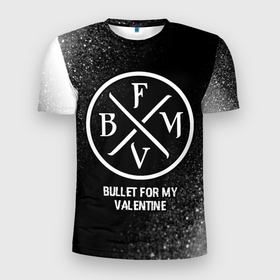 Мужская футболка 3D Slim с принтом Bullet For My Valentine glitch на темном фоне , 100% полиэстер с улучшенными характеристиками | приталенный силуэт, круглая горловина, широкие плечи, сужается к линии бедра | 