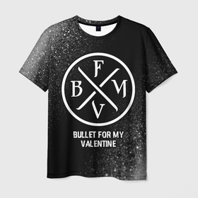Мужская футболка 3D с принтом Bullet For My Valentine glitch на темном фоне , 100% полиэфир | прямой крой, круглый вырез горловины, длина до линии бедер | 