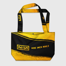 Пляжная сумка 3D с принтом Nine Inch Nails   gold gradient по горизонтали в Белгороде, 100% полиэстер | застегивается на металлическую кнопку; внутренний карман застегивается на молнию. Стенки укреплены специальным мягким материалом, чтобы защитить содержимое от несильных ударов
 | Тематика изображения на принте: 