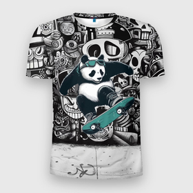 Мужская футболка 3D Slim с принтом Скейтбордист панда на фоне граффити , 100% полиэстер с улучшенными характеристиками | приталенный силуэт, круглая горловина, широкие плечи, сужается к линии бедра | 