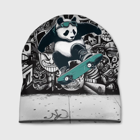 Шапка 3D с принтом Скейтбордист панда на фоне граффити , 100% полиэстер | универсальный размер, печать по всей поверхности изделия | 