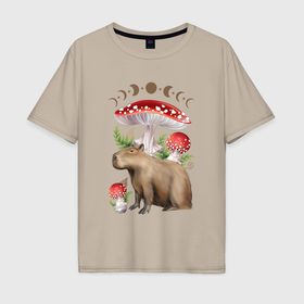 Мужская футболка хлопок Oversize с принтом Капибара под луной с мухоморами в Санкт-Петербурге, 100% хлопок | свободный крой, круглый ворот, “спинка” длиннее передней части | 