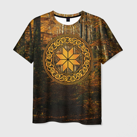 Мужская футболка 3D с принтом Алатырь на фоне леса , 100% полиэфир | прямой крой, круглый вырез горловины, длина до линии бедер | 