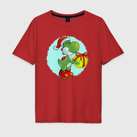 Мужская футболка хлопок Oversize с принтом Дракон Санта Клаус с шаром в Екатеринбурге, 100% хлопок | свободный крой, круглый ворот, “спинка” длиннее передней части | Тематика изображения на принте: 