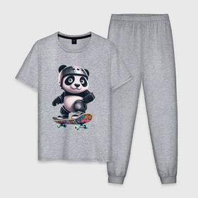 Мужская пижама хлопок с принтом Cool panda on a skateboard   extreme в Курске, 100% хлопок | брюки и футболка прямого кроя, без карманов, на брюках мягкая резинка на поясе и по низу штанин
 | 