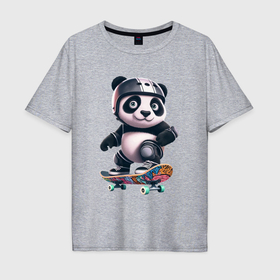Мужская футболка хлопок Oversize с принтом Cool panda on a skateboard   extreme в Новосибирске, 100% хлопок | свободный крой, круглый ворот, “спинка” длиннее передней части | 