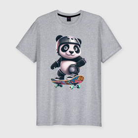 Мужская футболка хлопок Slim с принтом Cool panda on a skateboard   extreme в Тюмени, 92% хлопок, 8% лайкра | приталенный силуэт, круглый вырез ворота, длина до линии бедра, короткий рукав | 
