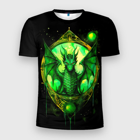 Мужская футболка 3D Slim с принтом Зеленый дракон   акварель на черном в Санкт-Петербурге, 100% полиэстер с улучшенными характеристиками | приталенный силуэт, круглая горловина, широкие плечи, сужается к линии бедра | 