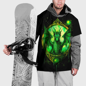 Накидка на куртку 3D с принтом Зеленый дракон   акварель на черном в Санкт-Петербурге, 100% полиэстер |  | 