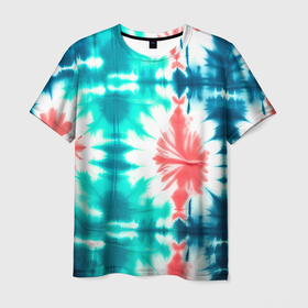 Мужская футболка 3D с принтом Тай дай разводы бирюзовые с коралловым и синим в Курске, 100% полиэфир | прямой крой, круглый вырез горловины, длина до линии бедер | 