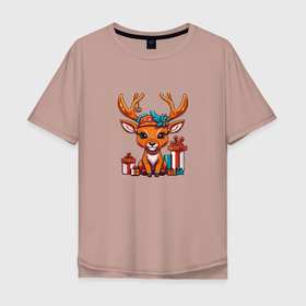 Мужская футболка хлопок Oversize с принтом Маленький новогодний олень , 100% хлопок | свободный крой, круглый ворот, “спинка” длиннее передней части | 